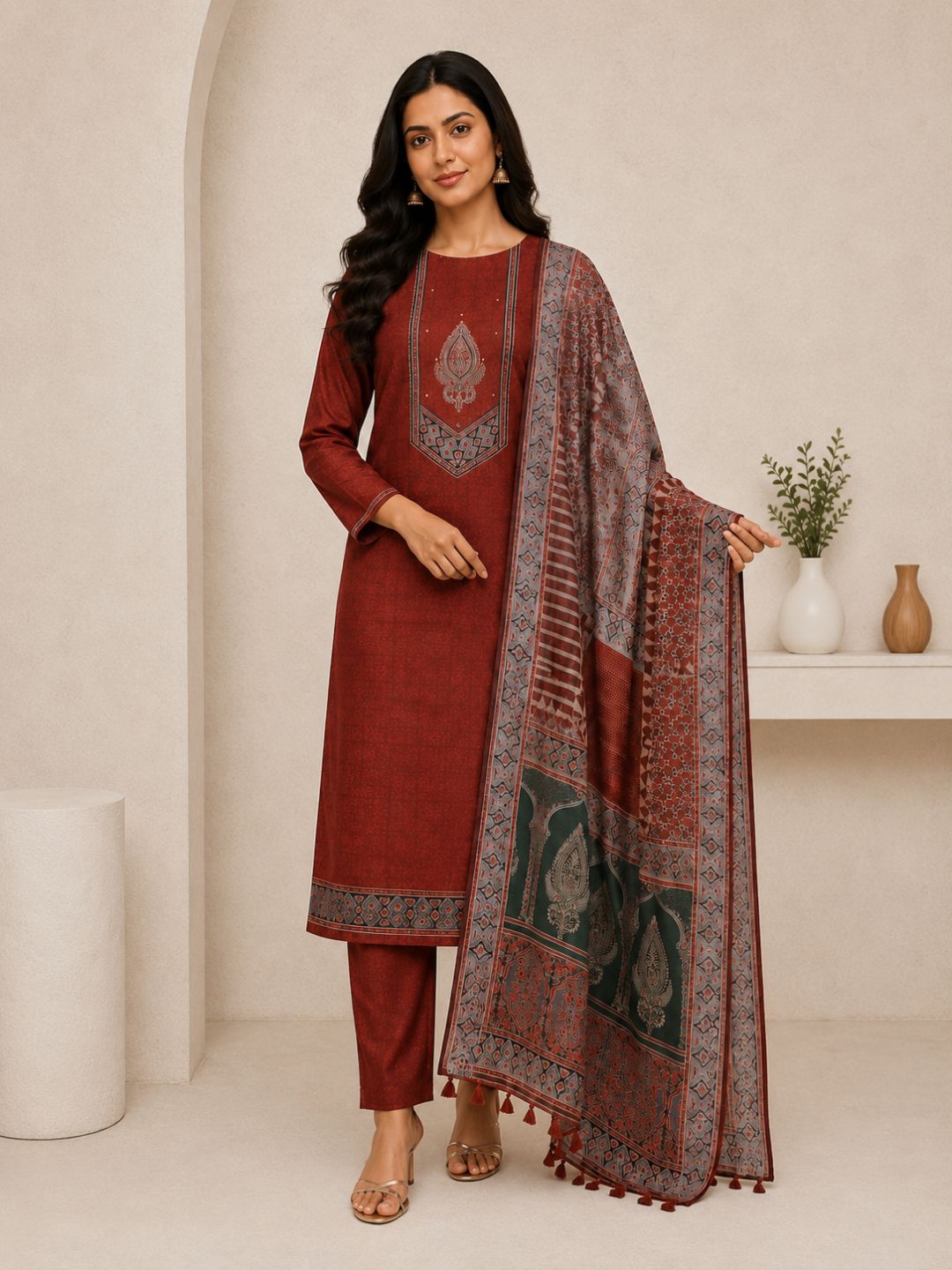 Unstitched 3-Piece Art Silk Suit Set with Embroidered Yoke, Printed Dupatta.(Rust)