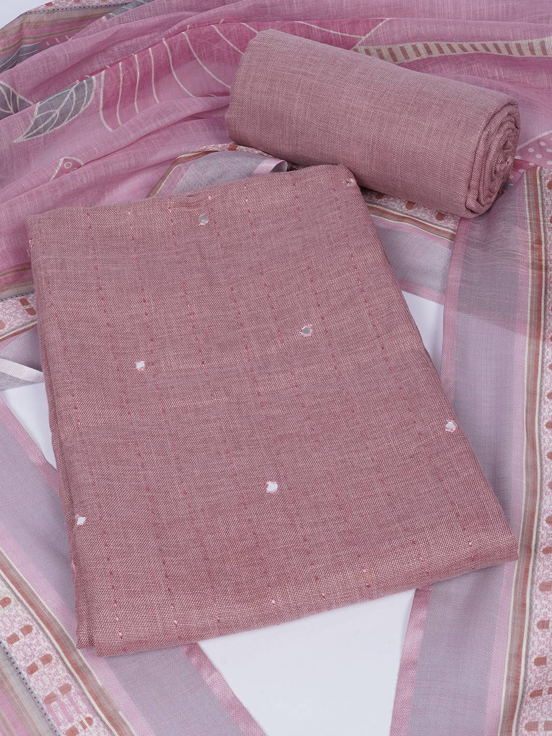 Cotton Dress Material with Mirror Work Yoke, Plain Bottom and Floral Print Dupatta.(Pink)