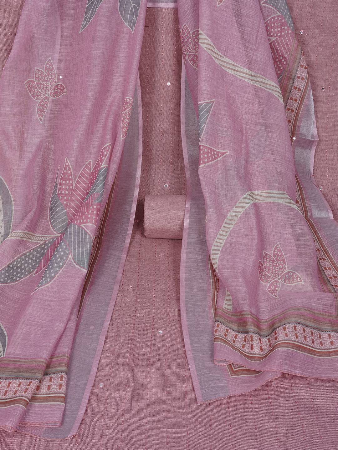 Cotton Dress Material with Mirror Work Yoke, Plain Bottom and Floral Print Dupatta.(Pink)