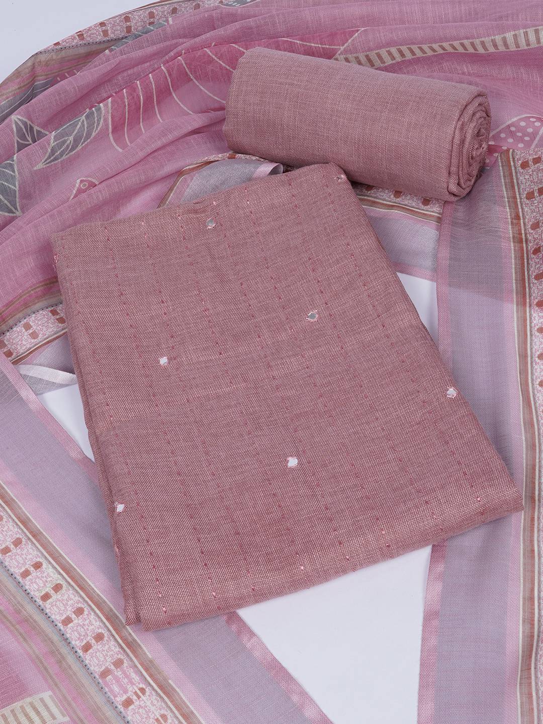 Cotton Dress Material with Mirror Work Yoke, Plain Bottom and Floral Print Dupatta.(Pink)