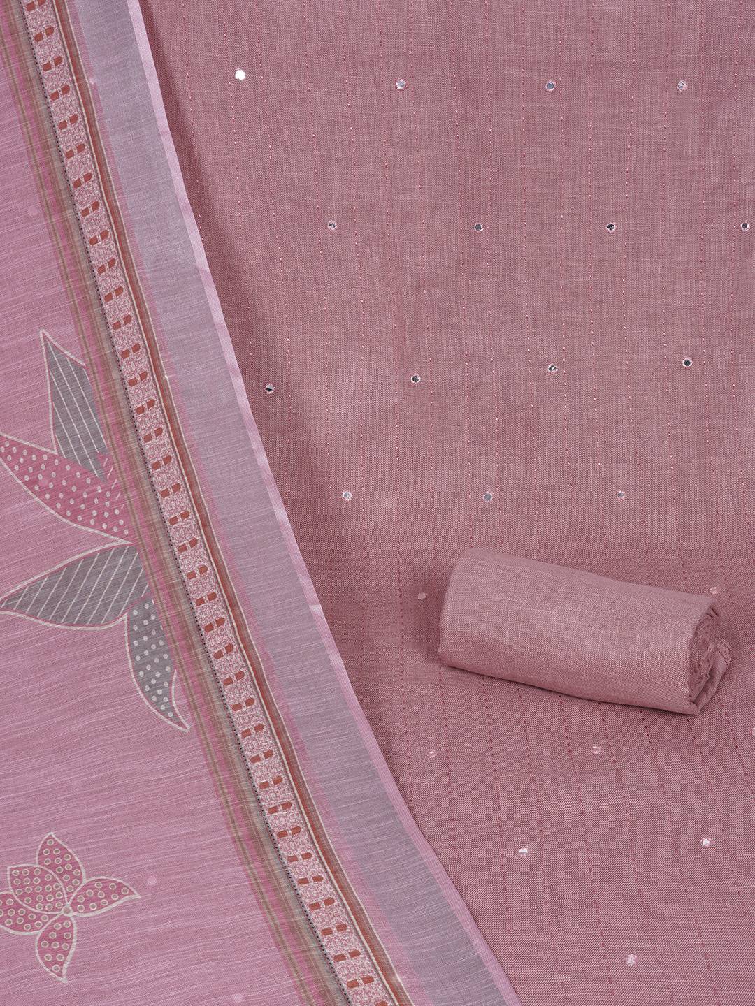 Cotton Dress Material with Mirror Work Yoke, Plain Bottom and Floral Print Dupatta.(Pink)