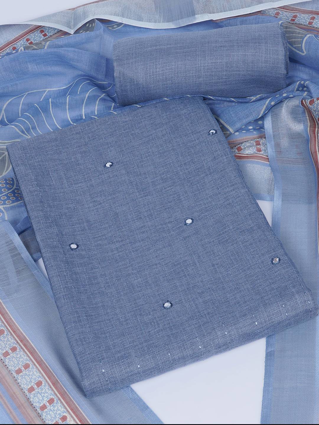 Cotton Dress Material with Mirror Work Yoke, Plain Bottom and Floral Print Dupatta.(Blue)