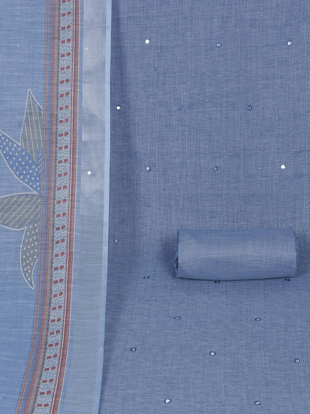 Cotton Dress Material with Mirror Work Yoke, Plain Bottom and Floral Print Dupatta.(Blue)
