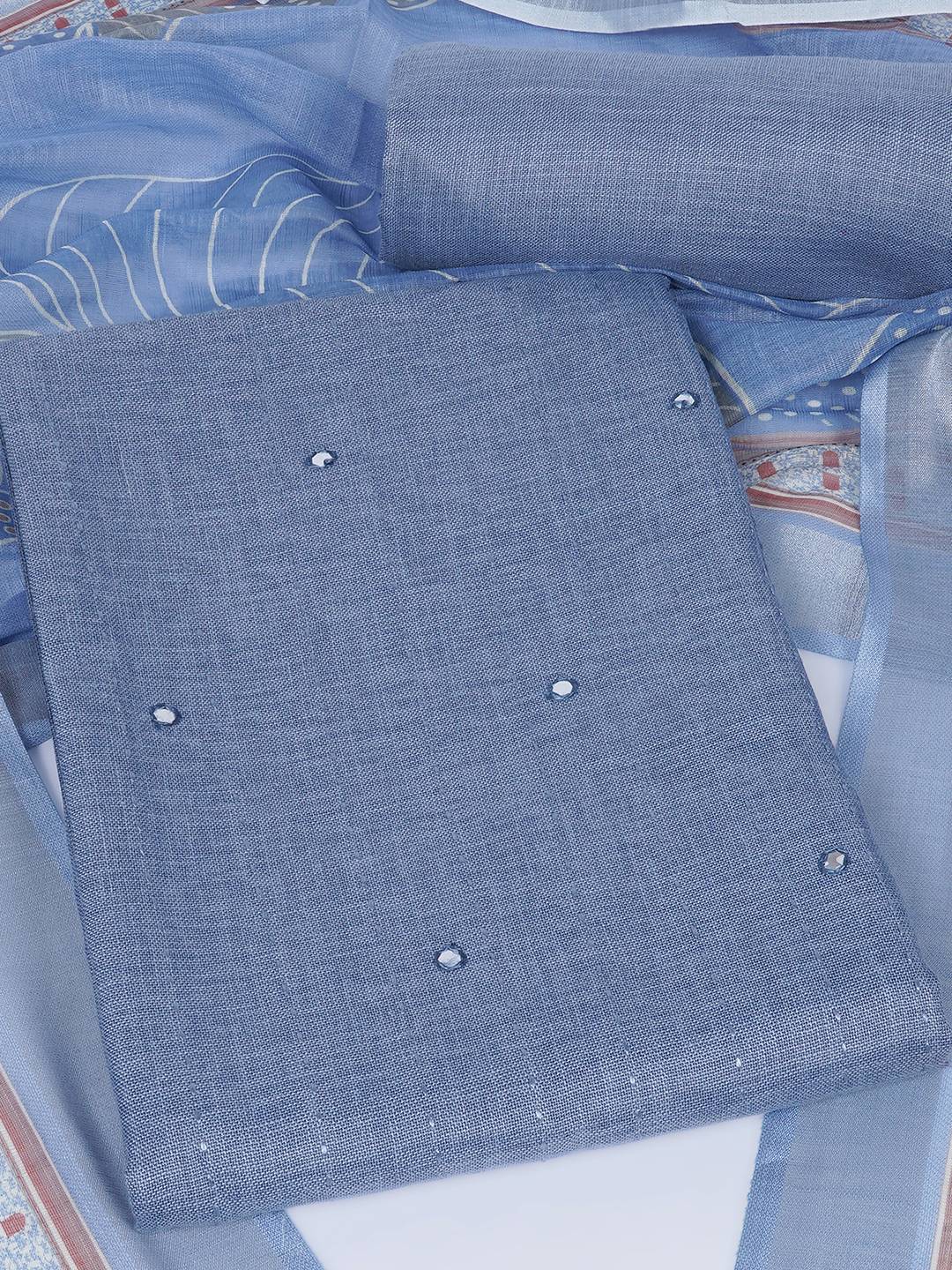 Cotton Dress Material with Mirror Work Yoke, Plain Bottom and Floral Print Dupatta.(Blue)