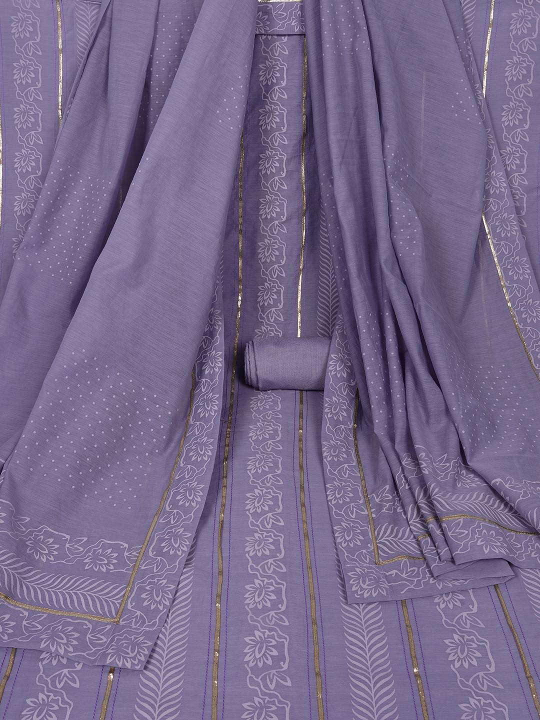 Chanderi Unstitched 3-Piece Suit Set with Lace Work, Printed Palazzo and Dupatta.(Purple)