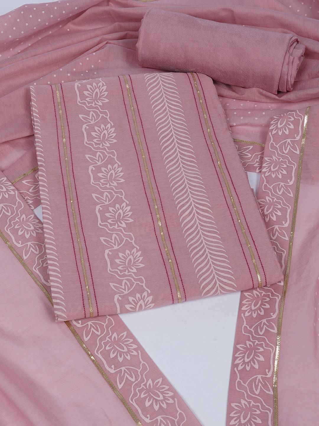 Chanderi Unstitched 3-Piece Suit Set with Lace Work, Printed Palazzo and Dupatta.(Pink)