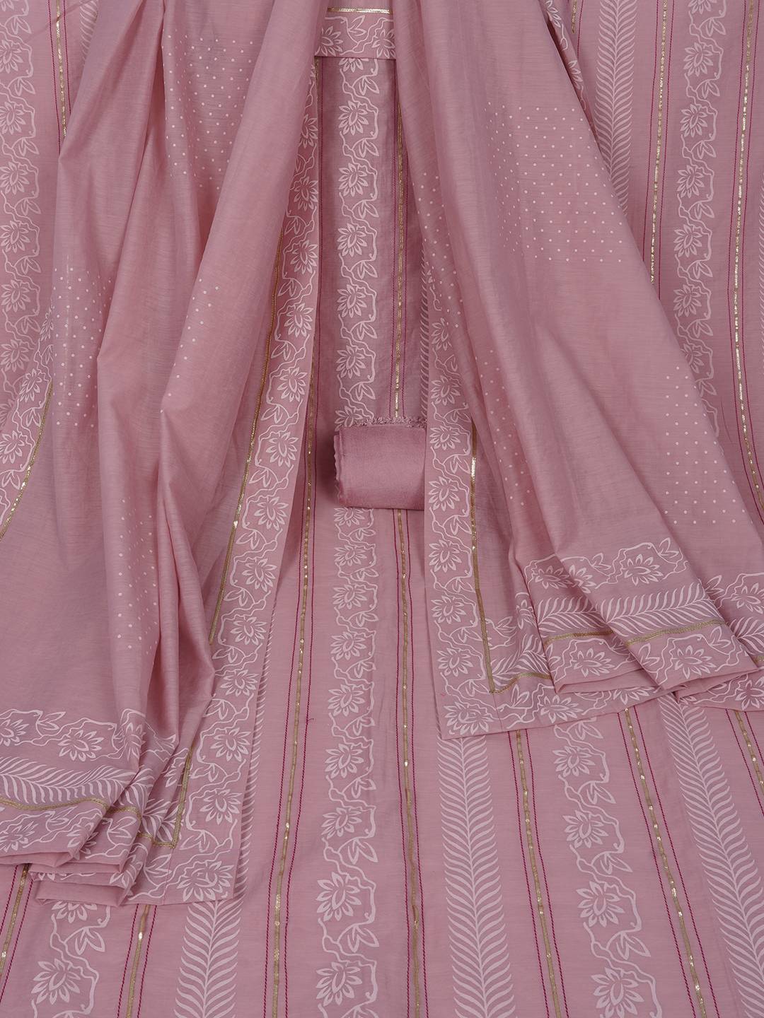 Chanderi Unstitched 3-Piece Suit Set with Lace Work, Printed Palazzo and Dupatta.(Pink)