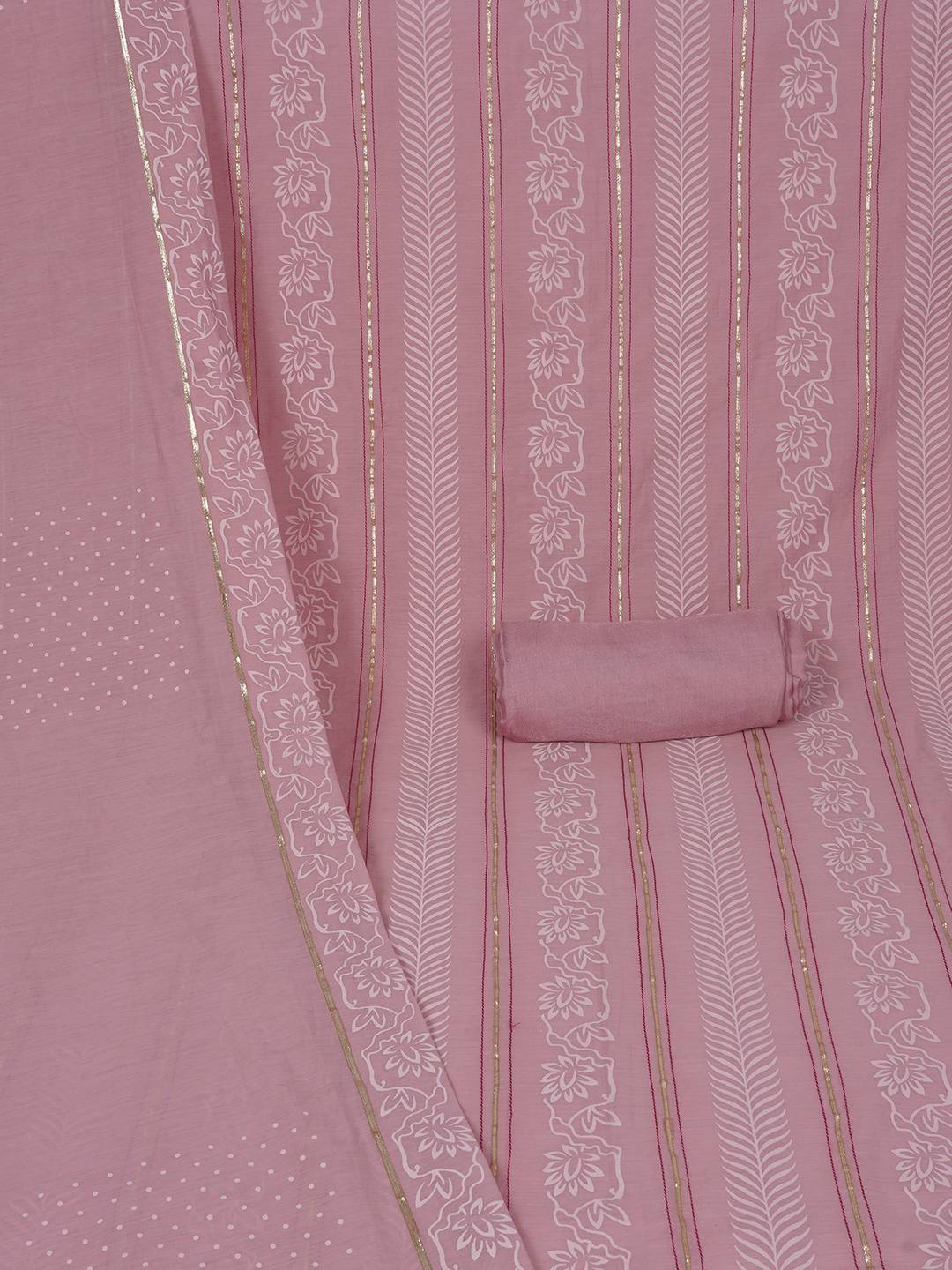 Chanderi Unstitched 3-Piece Suit Set with Lace Work, Printed Palazzo and Dupatta.(Pink)