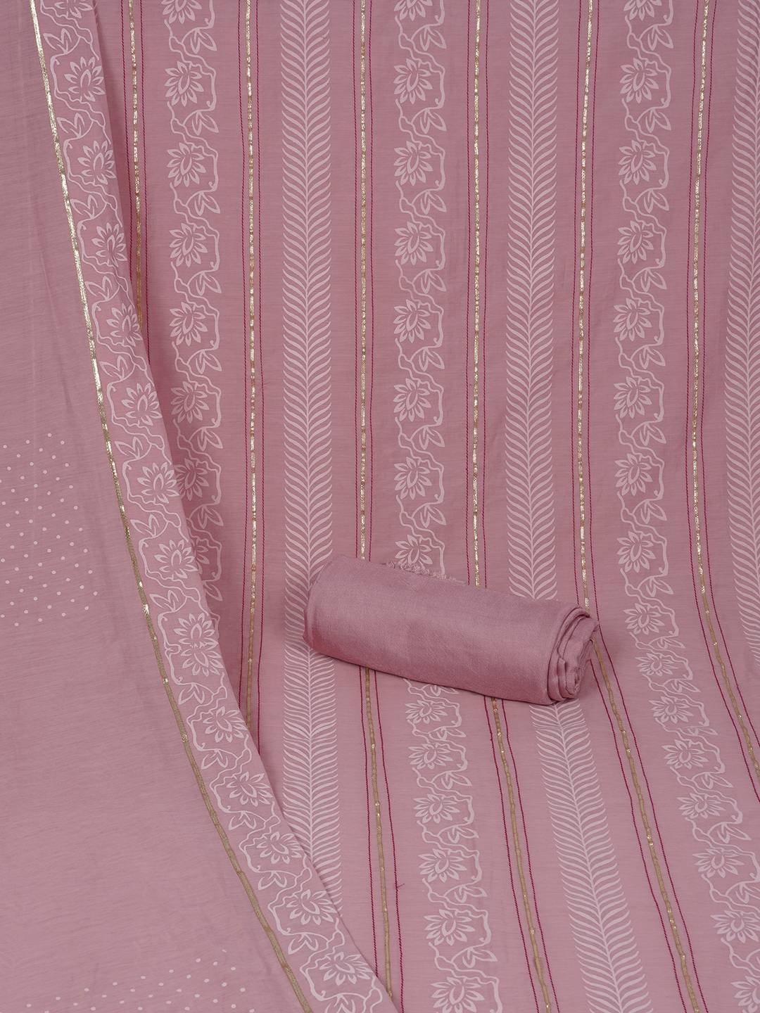 Chanderi Unstitched 3-Piece Suit Set with Lace Work, Printed Palazzo and Dupatta.(Pink)