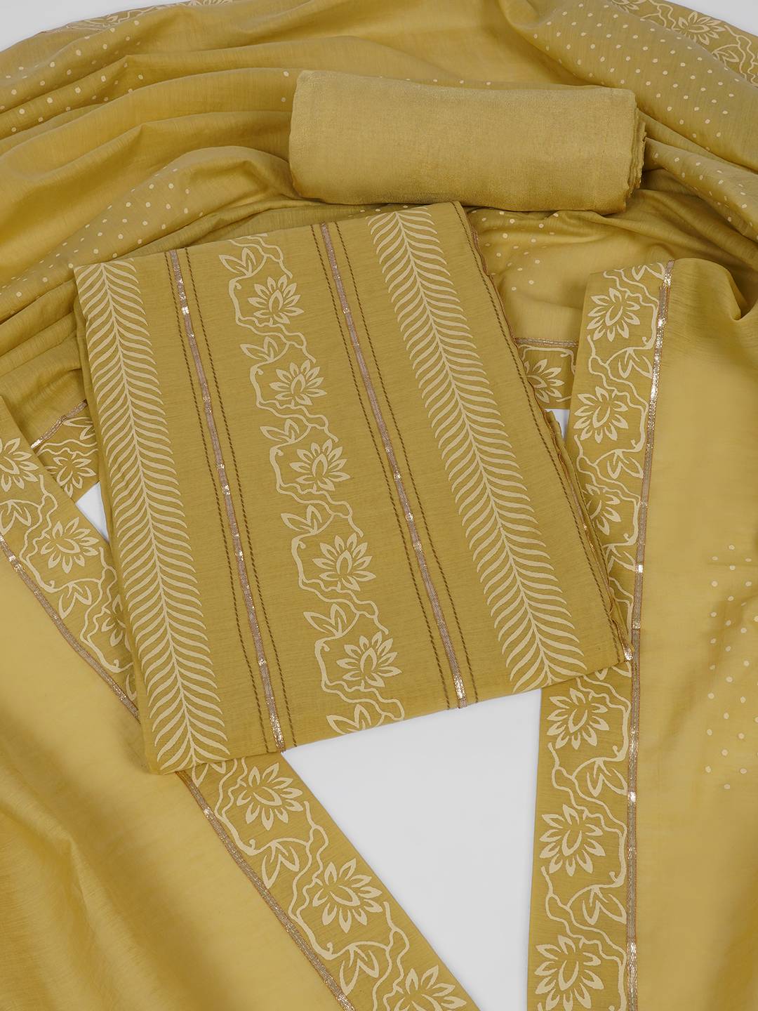 Chanderi Unstitched 3-Piece Suit Set with Lace Work, Printed Palazzo and Dupatta.(Mustard)