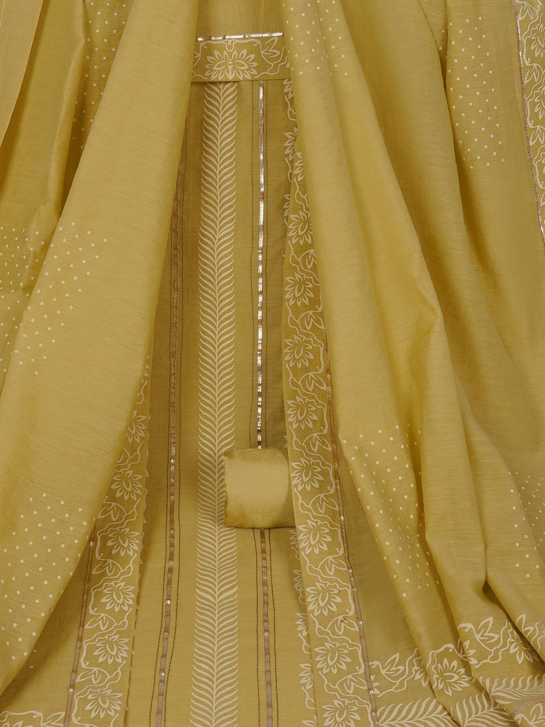 Chanderi Unstitched 3-Piece Suit Set with Lace Work, Printed Palazzo and Dupatta.(Mustard)