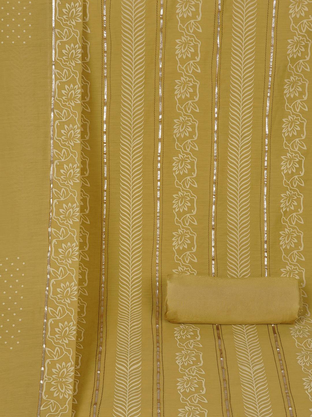 Chanderi Unstitched 3-Piece Suit Set with Lace Work, Printed Palazzo and Dupatta.(Mustard)