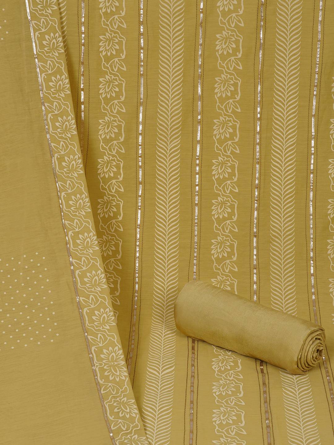 Chanderi Unstitched 3-Piece Suit Set with Lace Work, Printed Palazzo and Dupatta.(Mustard)