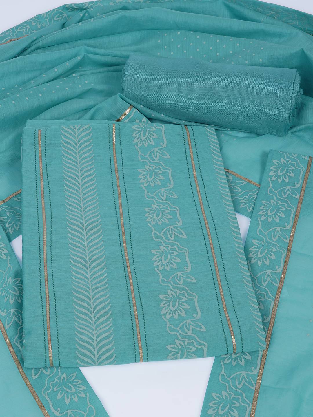 Chanderi Unstitched 3-Piece Suit Set with Lace Work, Printed Palazzo and Dupatta.(Turquoise)