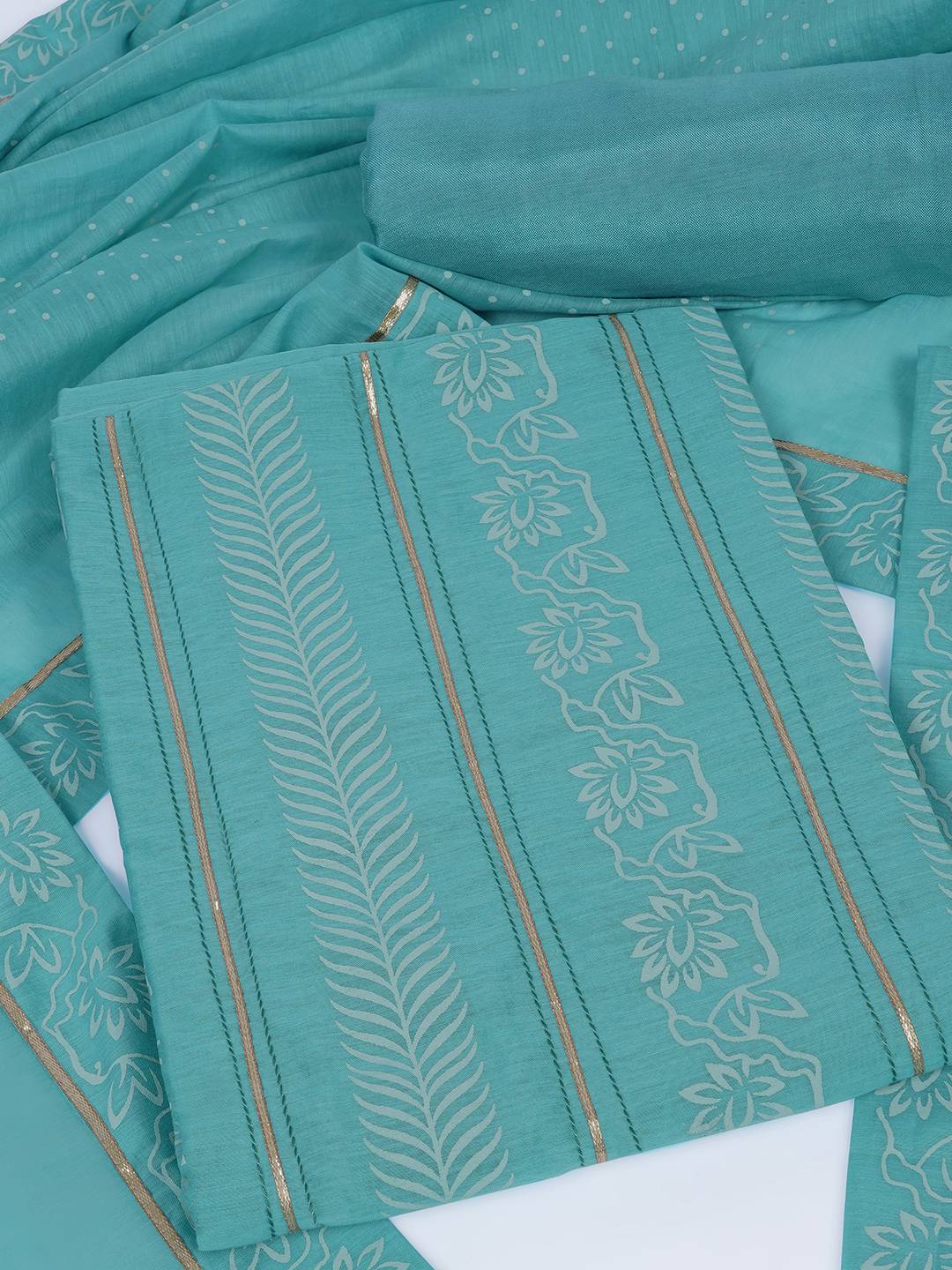 Chanderi Unstitched 3-Piece Suit Set with Lace Work, Printed Palazzo and Dupatta.(Turquoise)