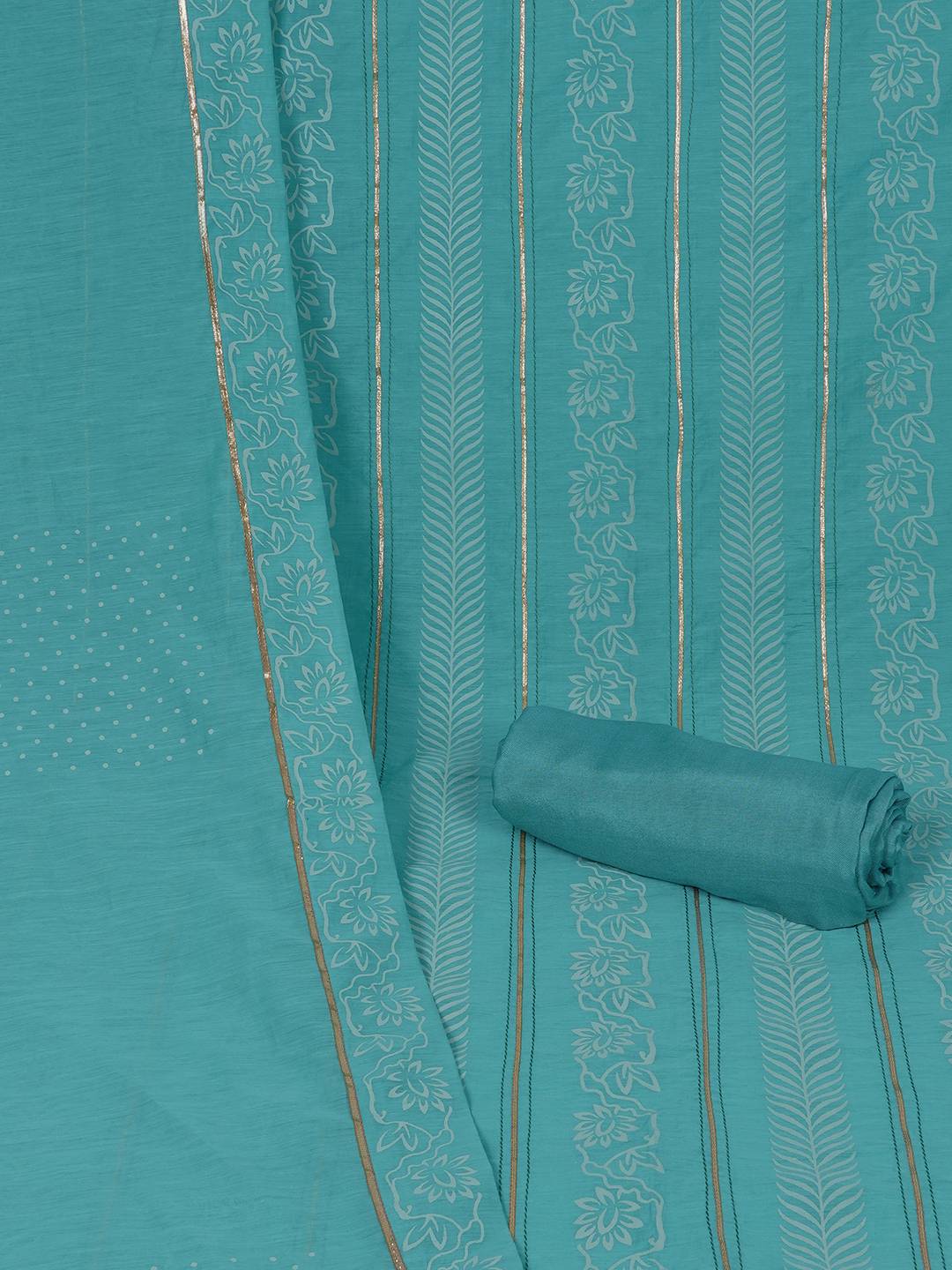 Chanderi Unstitched 3-Piece Suit Set with Lace Work, Printed Palazzo and Dupatta.(Turquoise)