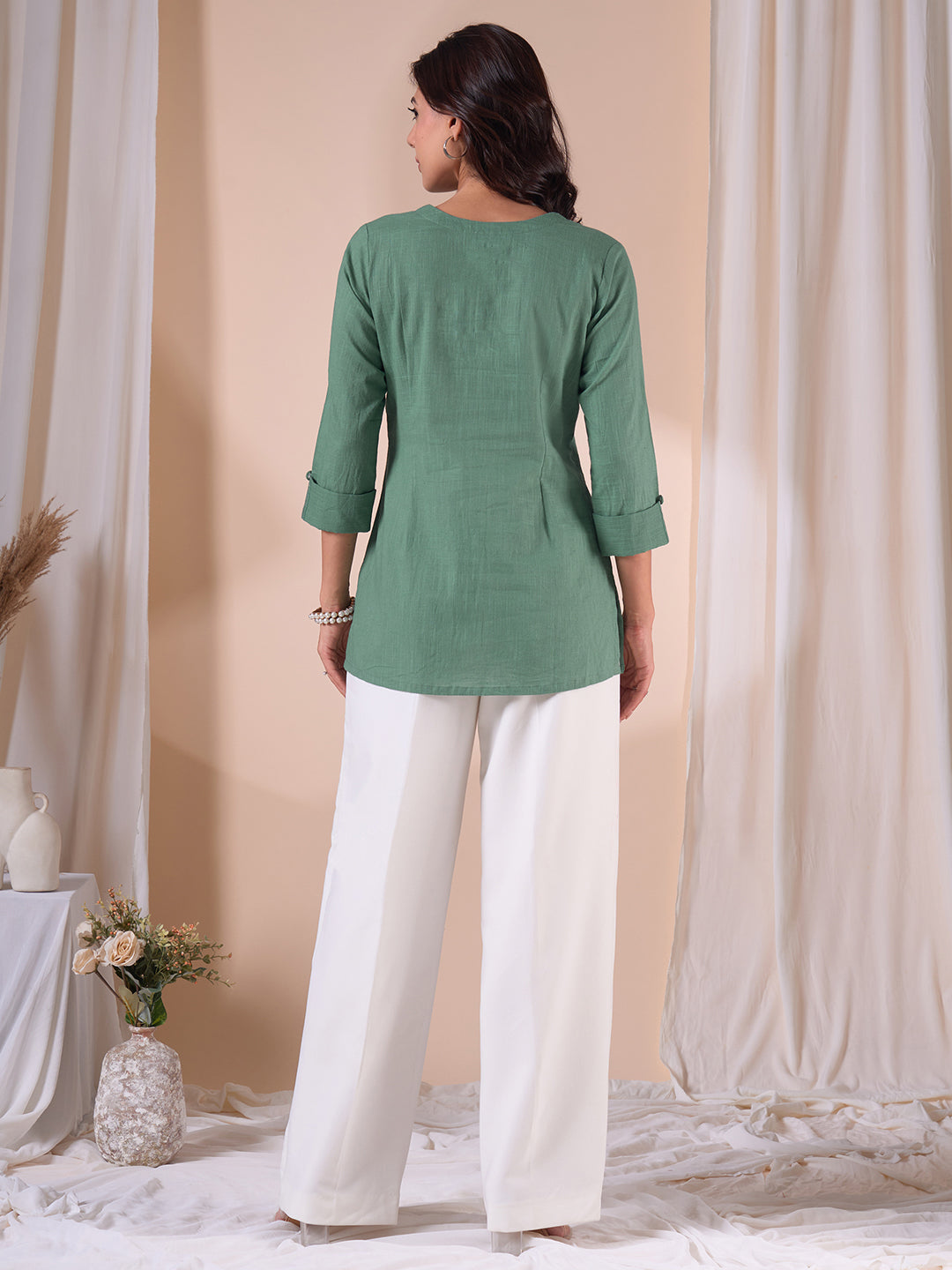 Embroidered V-Neck Straight Fit Cotton Top with Front Buttons.