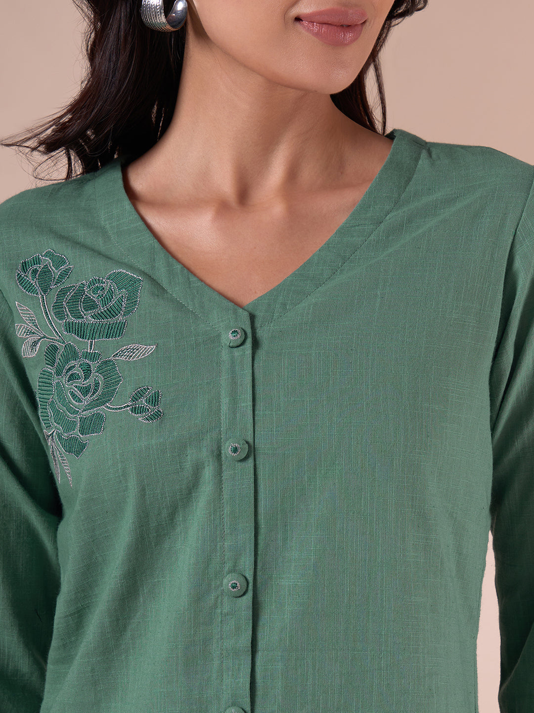 Embroidered V-Neck Straight Fit Cotton Top with Front Buttons.