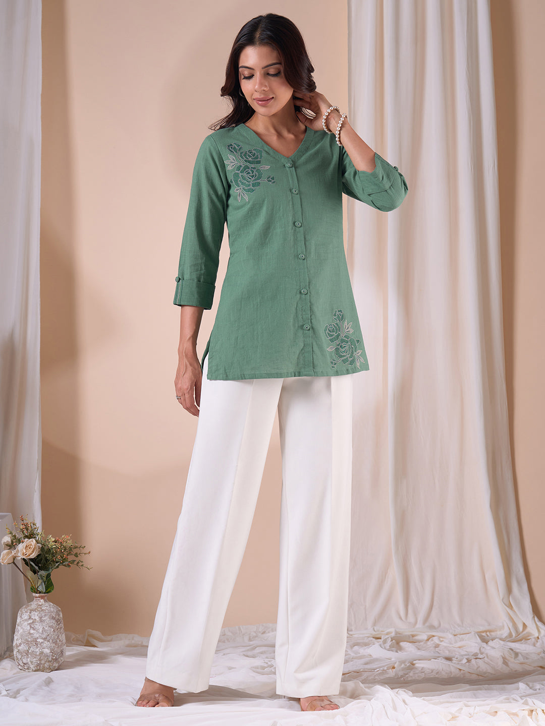 Embroidered V-Neck Straight Fit Cotton Top with Front Buttons.