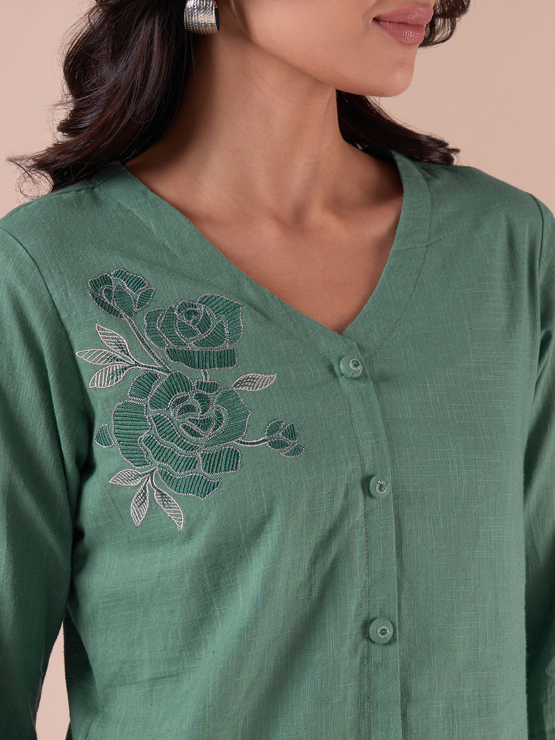 Embroidered V-Neck Straight Fit Cotton Top with Front Buttons.