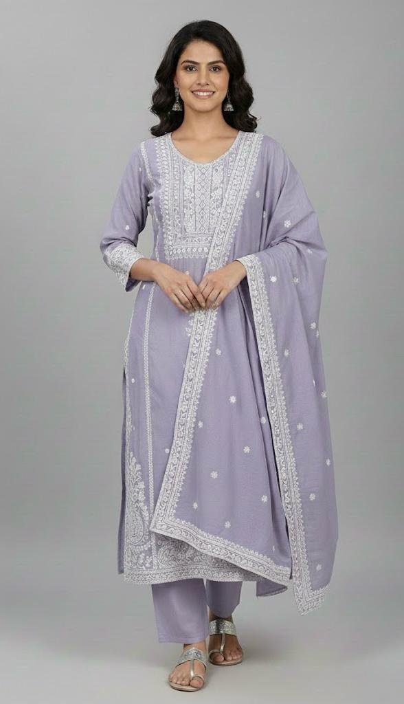 3-piece unstitched set with premium Chanderi fabric and features intricate embroidery.(Purple)