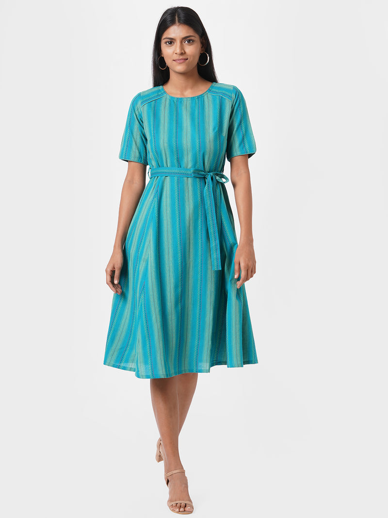 A line woven striped dress with belt