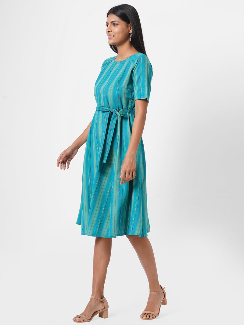 A line woven striped dress with belt