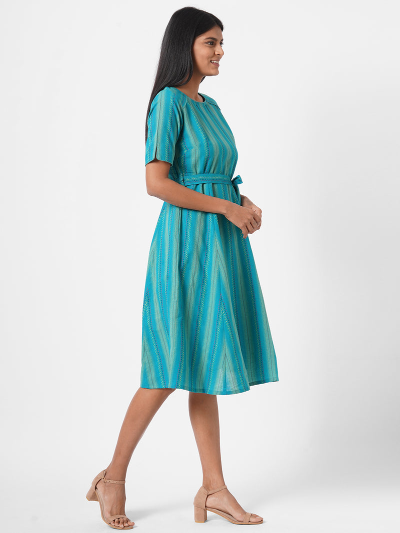 A line woven striped dress with belt