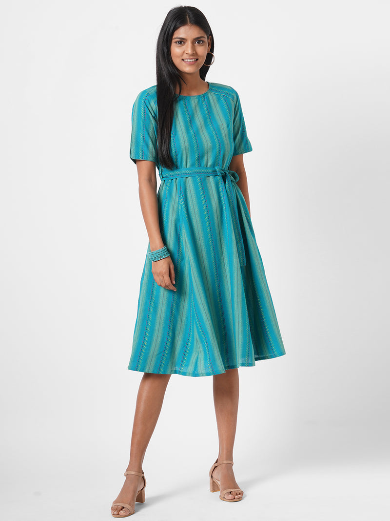 A line woven striped dress with belt