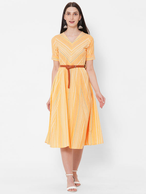 Woven stripes dress with belt