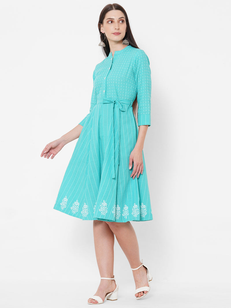 Dobby and stripes dress with fabric belt