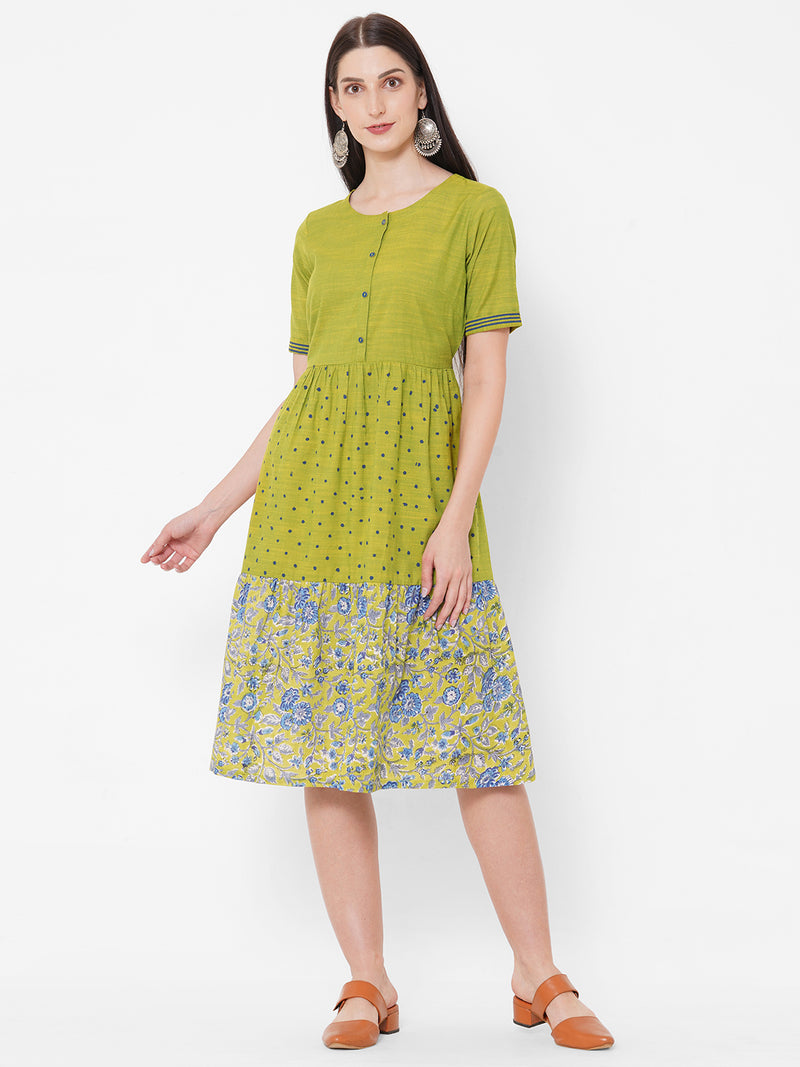 Printed cotton and rayon dress with gathering