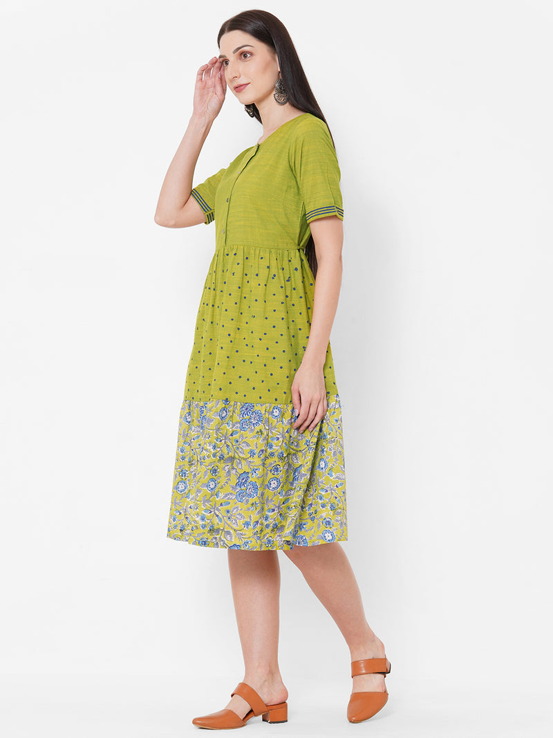 Printed cotton and rayon dress with gathering