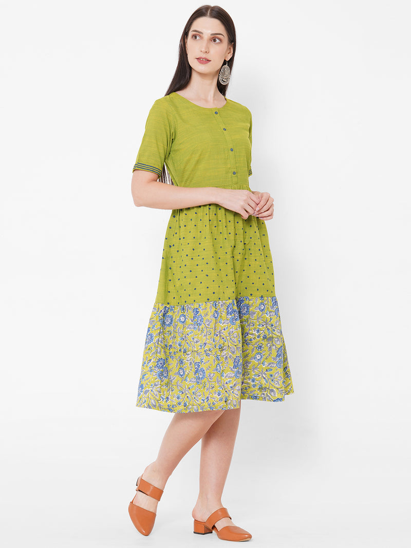 Printed cotton and rayon dress with gathering