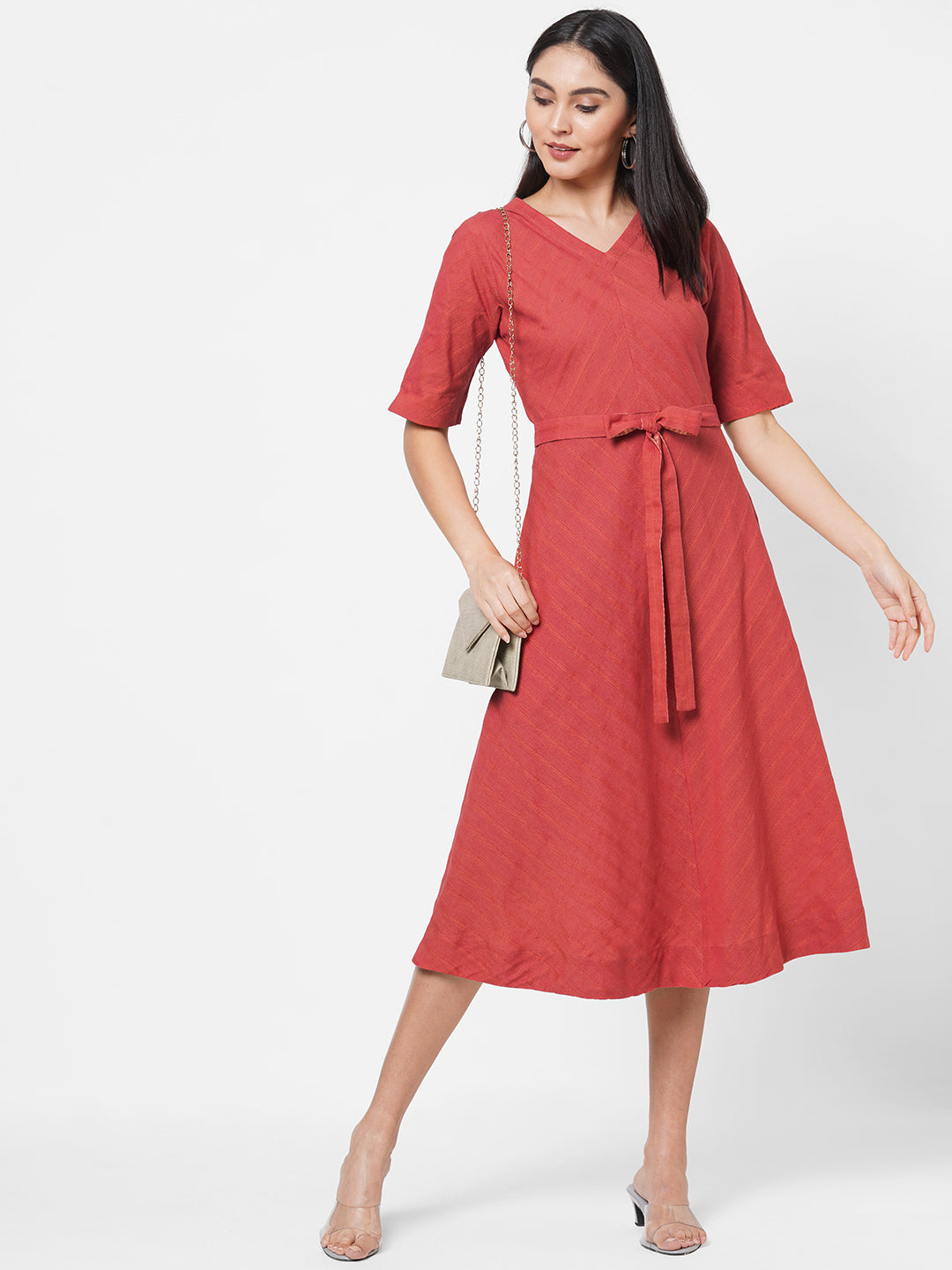 Cotton woven dress with belt