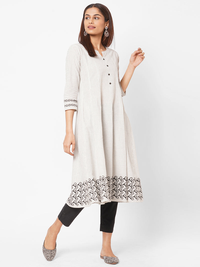 Checks kali kurta with block print