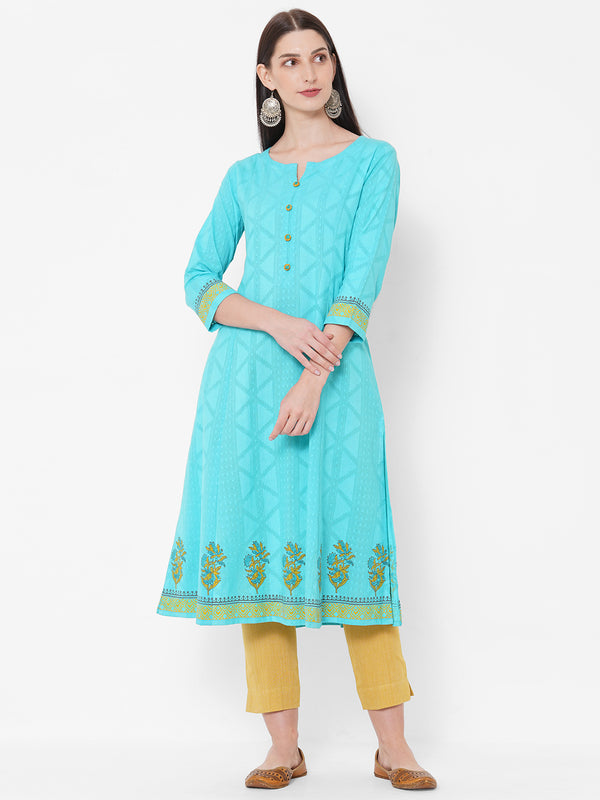 Flared kurta with block print and handwork