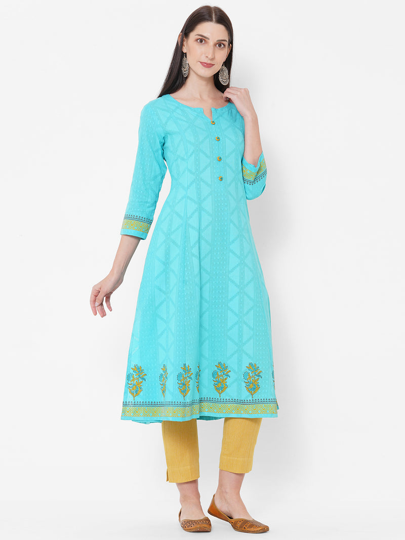 Flared kurta with block print and handwork