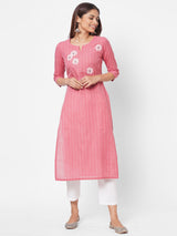 Cotton slub kantha stripes kurta with block print