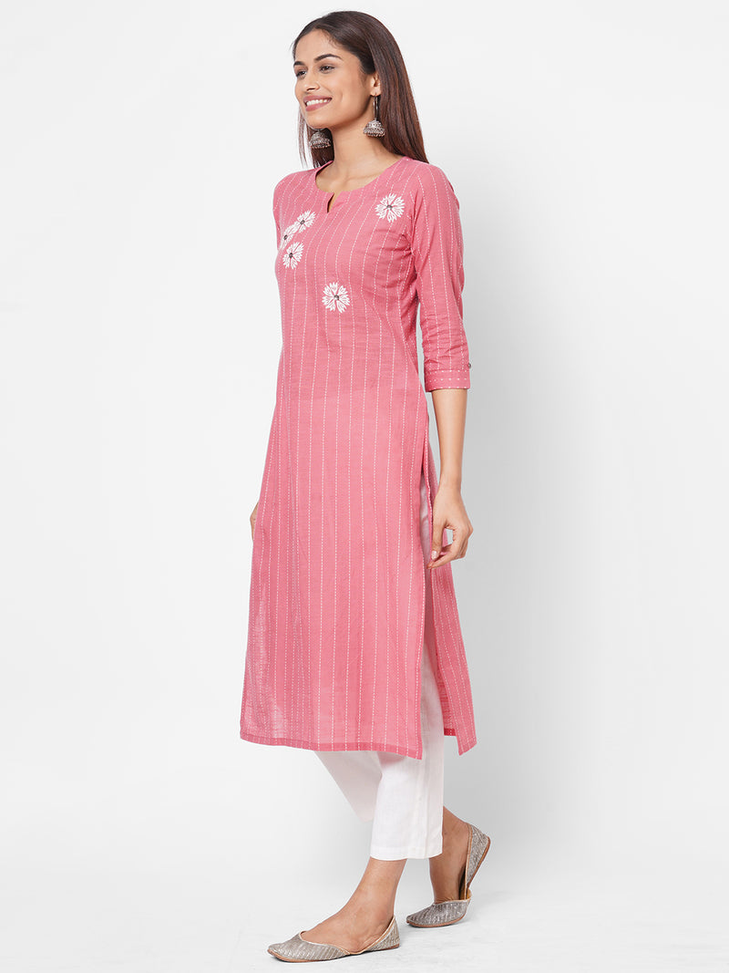 Cotton slub kantha stripes kurta with block print