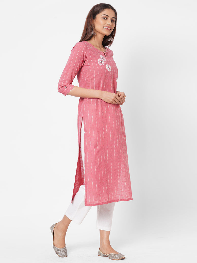 Cotton slub kantha stripes kurta with block print