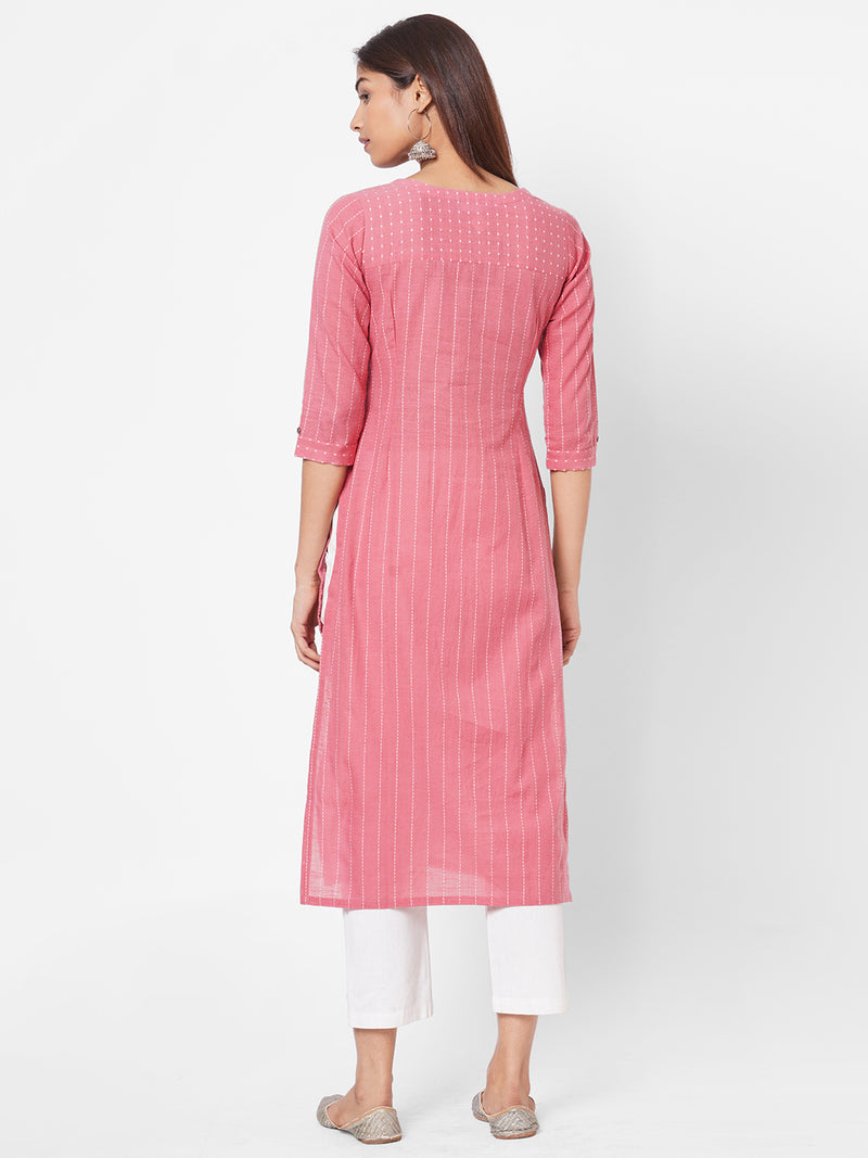 Cotton slub kantha stripes kurta with block print