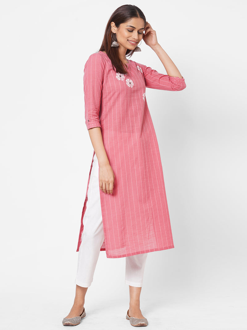 Cotton slub kantha stripes kurta with block print