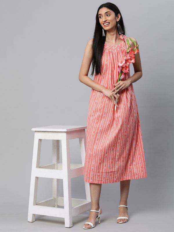 Cotton discharge printed sleeveless dress with gathering on neck