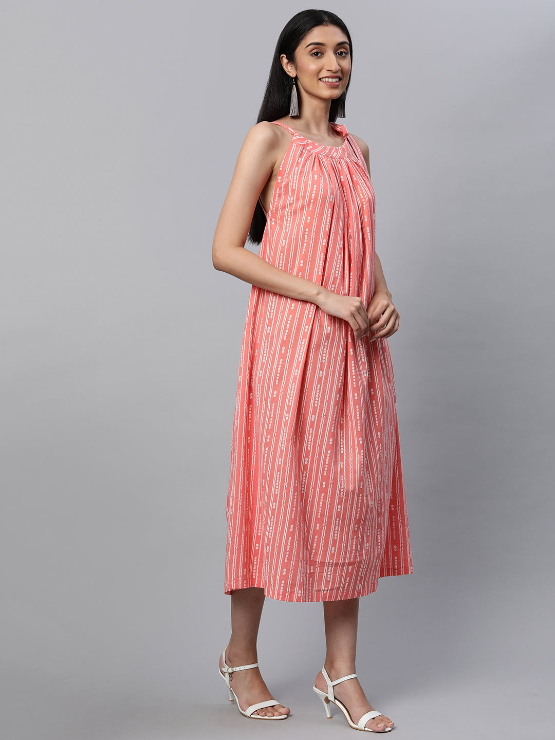 Cotton discharge printed sleeveless dress with gathering on neck