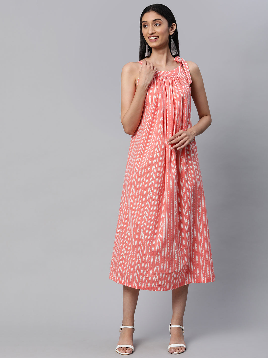 Cotton discharge printed sleeveless dress with gathering on neck