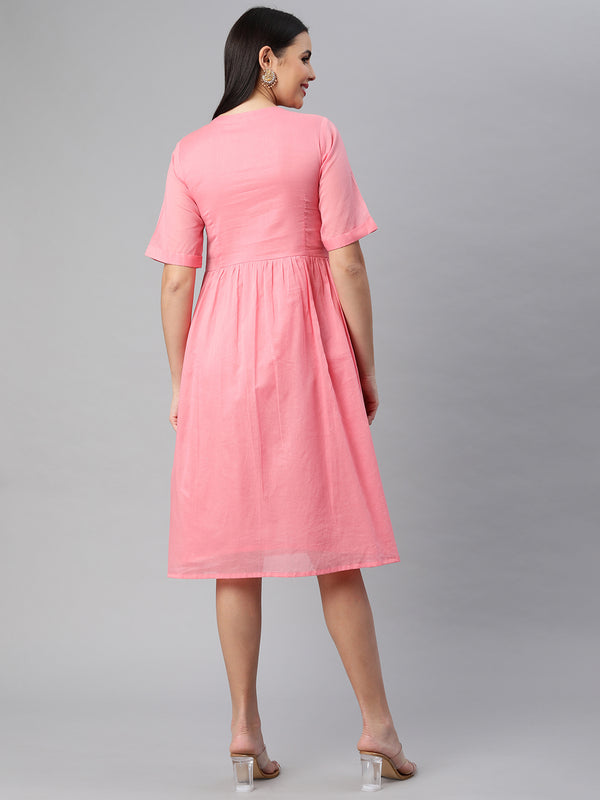 Cotton mul half sleeve dress with pintuck yoke and buttoned placket