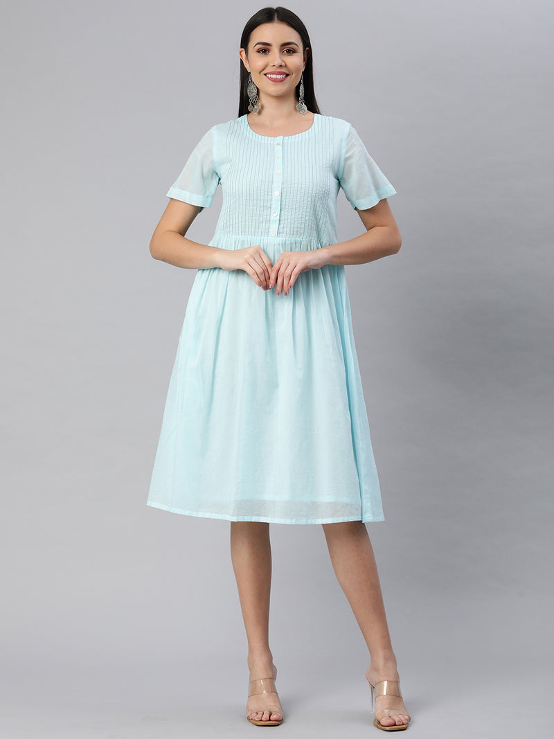 Cotton mul half sleeve dress with pintuck and buttoned placket