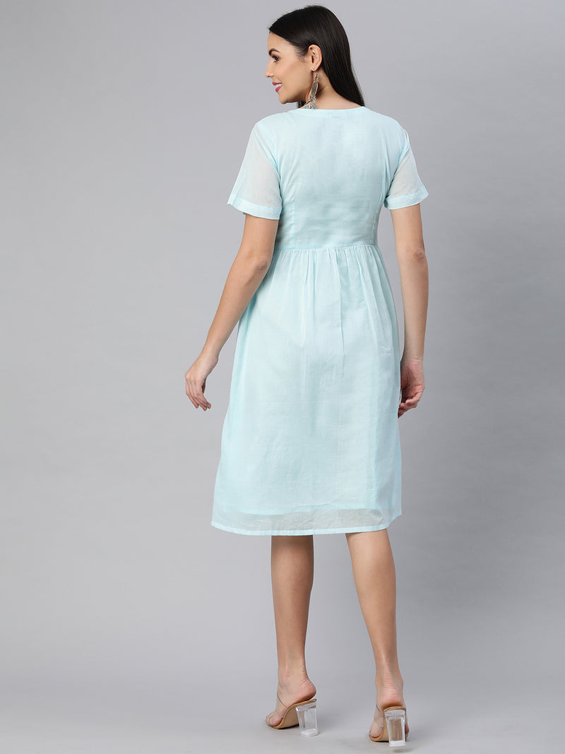 Cotton mul half sleeve dress with pintuck and buttoned placket