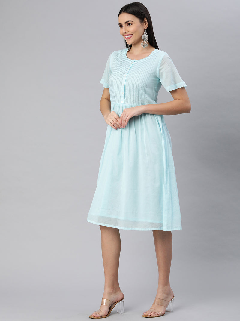 Cotton mul half sleeve dress with pintuck and buttoned placket